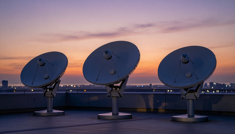 Three satellite dish antennas on a building terrace at dusk with city lights coming on in the background