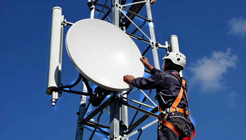 Technician in a harness aligning a microwave dish on a steel tower at midday, gear that needs telecom equipment homologation