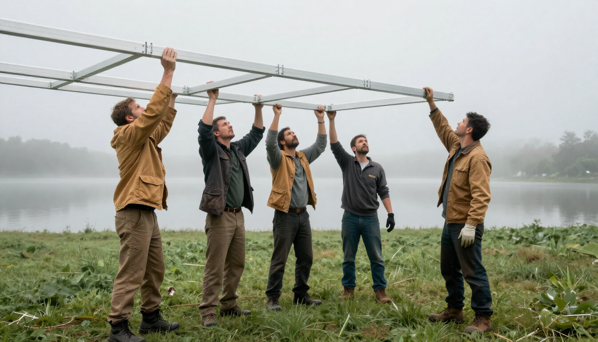 Crew raising the white frame of an event tent on a misty lakeside meadow, where a temporary import of IT equipment begins