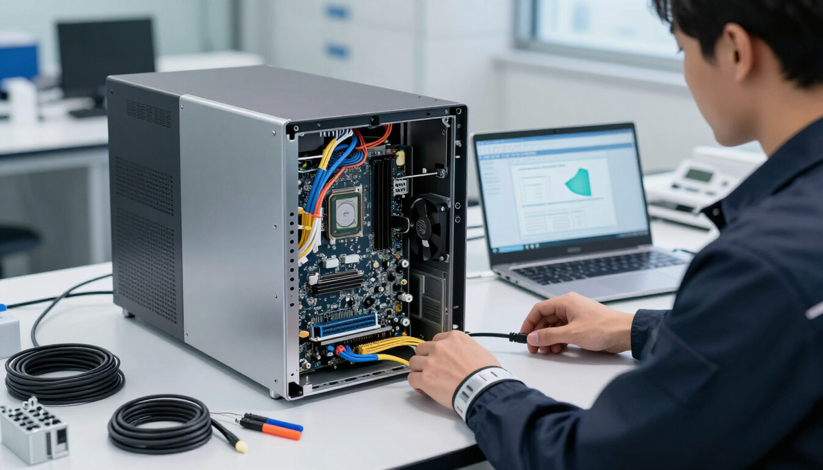 Engineer benchmarking an open rack server on an antistatic lab bench beside a laptop during a hardware proof of concept