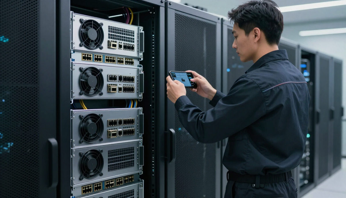 Technician photographing the rear panel of a rack server with a smartphone to record its identification before re-export