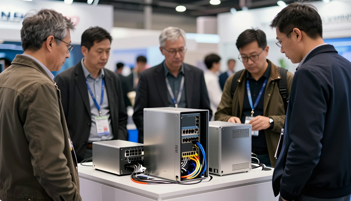 Visitors gathered around networking hardware on display at a technology trade fair stand under bright exhibition lighting