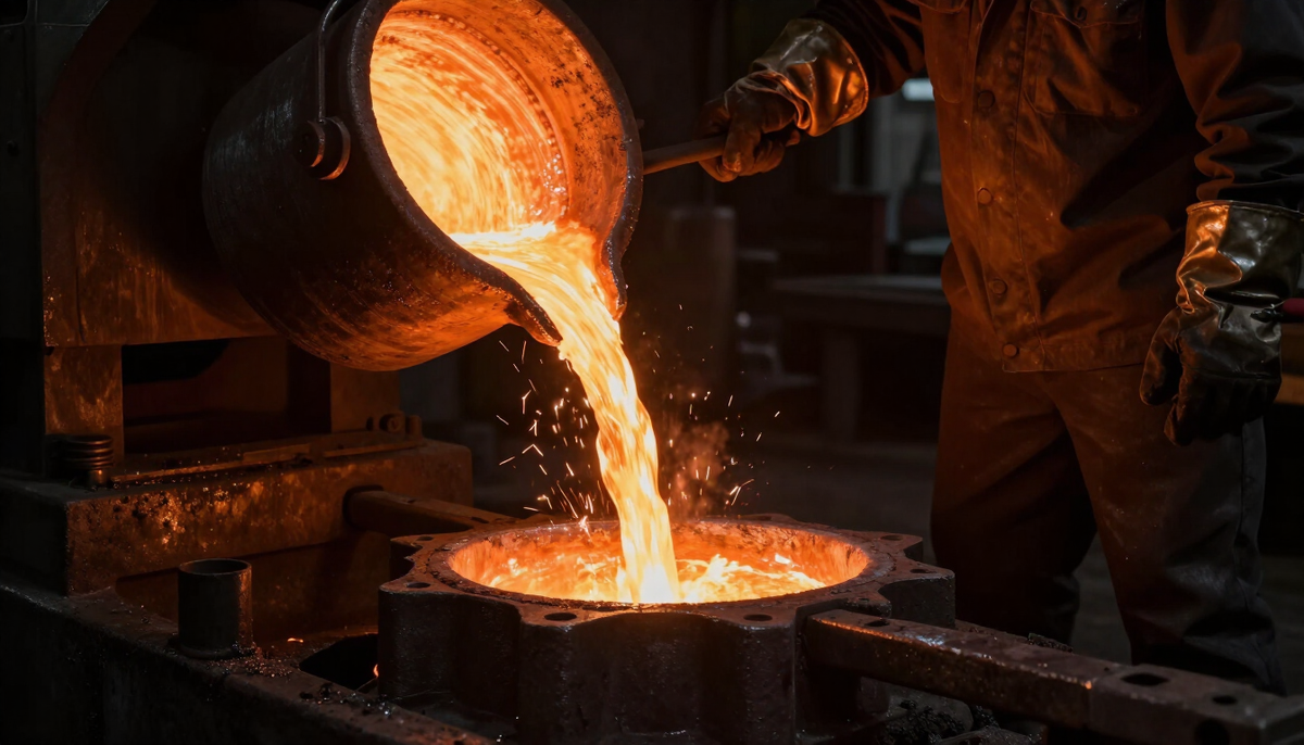 Molten copper pouring from a crucible into ingot molds in a dark foundry, the metal recovery behind WEEE compliance