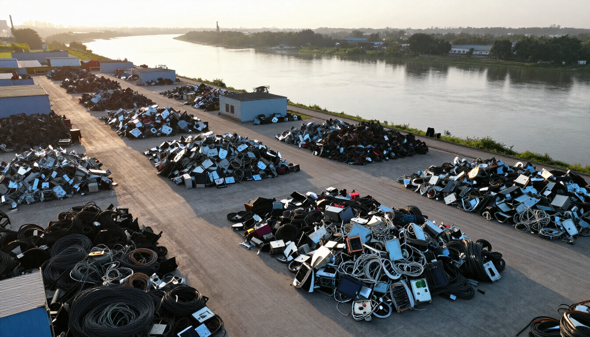 Aerial view at sunrise of an electronics recycling yard with sorted piles of metal and cables beside a river