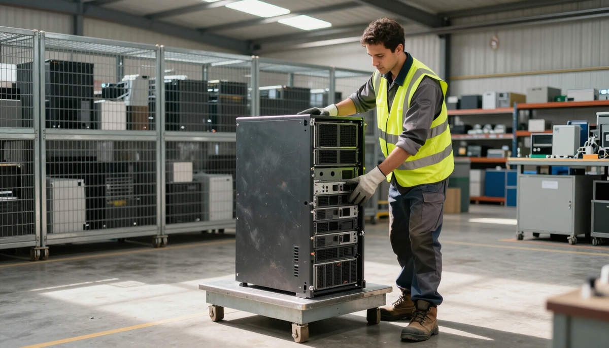 Technician at a recycling plant weighing a decommissioned rack server on a platform scale, a routine step in WEEE compliance