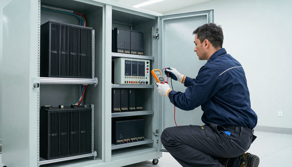 Engineer checking lithium-ion UPS battery modules with a multimeter in a cool white battery room