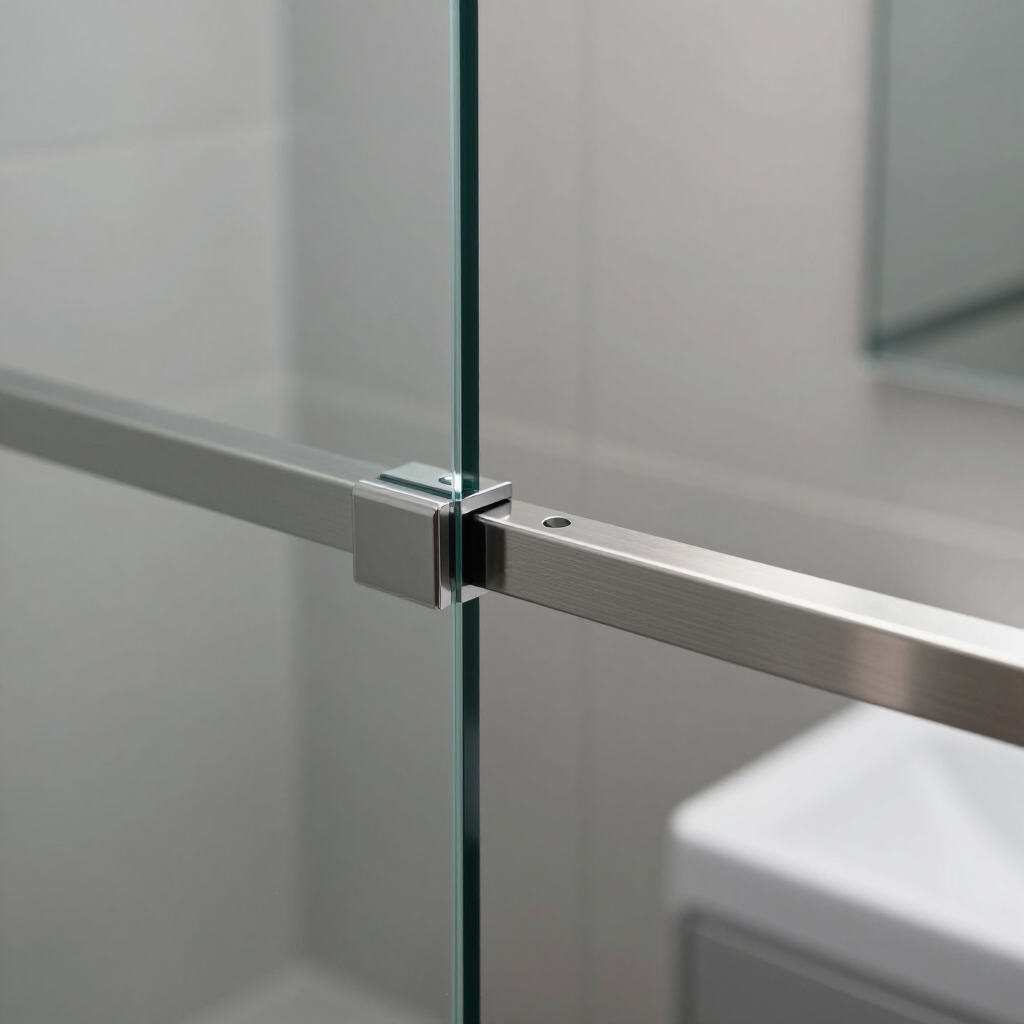 Detalle minimalista de baño moderno con vidrio y aluminio