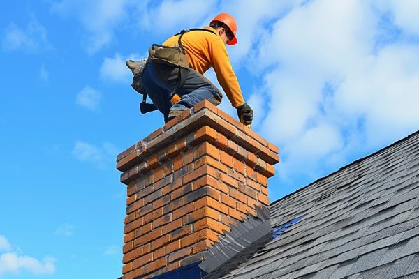 Roofer in orange shirt and hard hat, atop a brick chimney, on a shingled roof, blue sky background.