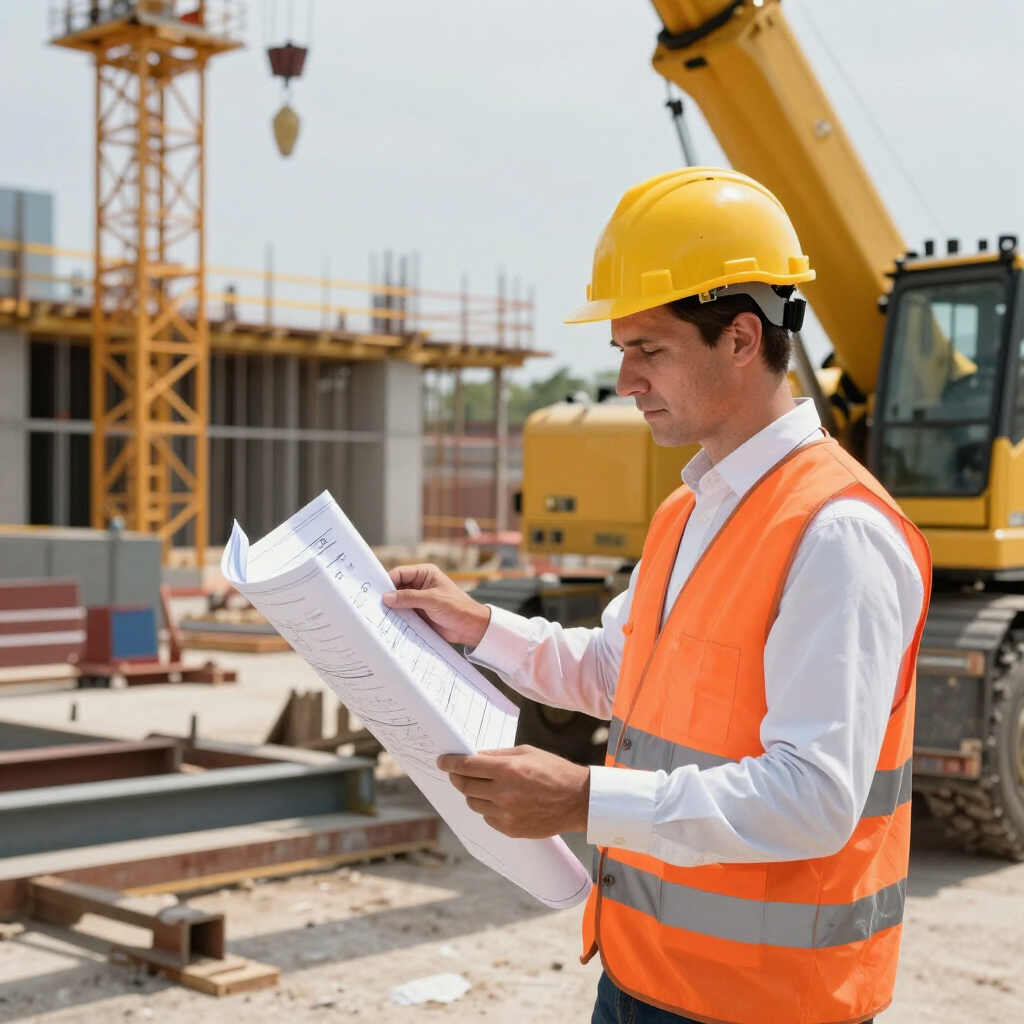 Obrero de la construcción con chaleco naranja y casco amarillo revisando planos en una obra.