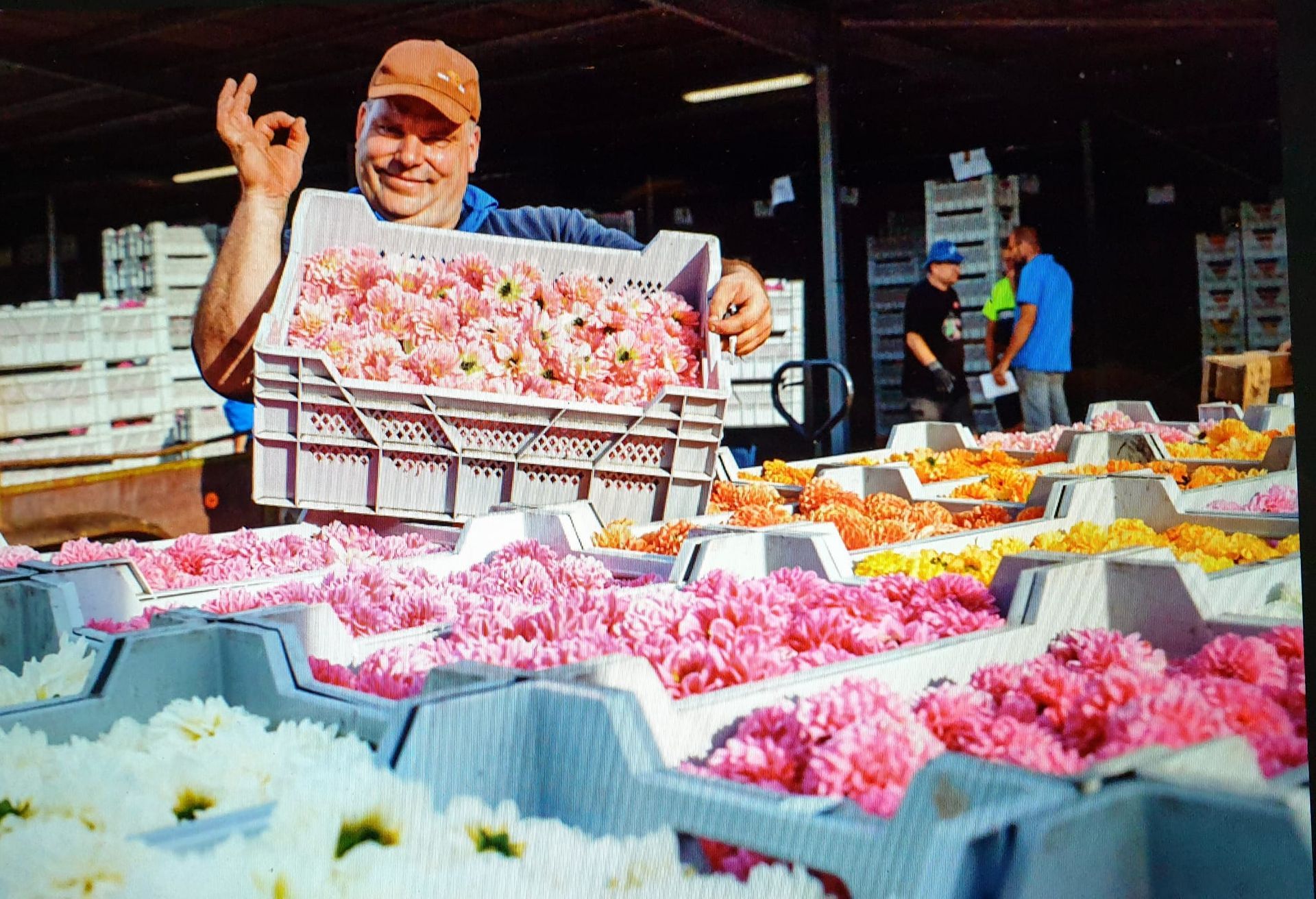 Een verkoper lacht achter manden met roze en witte bloemen op een openluchtmarkt.