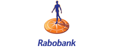 Rabobank-logo met een blauwe figuur die op een oranje, ronde wereldbol staat.