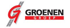 Het logo van Groenen Groep met een rode, gestileerde G en zwarte en rode tekst op een witte achtergrond.