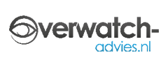 Het logo van Overwatch-advies.nl in zwart en blauwe tekst met een cirkelvormig oog-icoon.