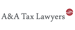 Het logo van A&A Tax Lawyers met zwarte tekst en een rood cirkelvormig icoon.