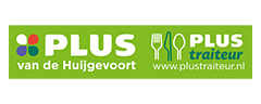Logo for PLUS van de Huijgevoort and PLUS traiteur on a green background, with website plustraiteur.nl