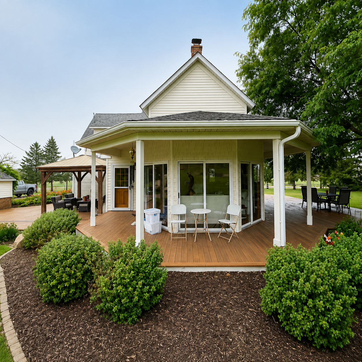 Wooden deck with railings and steps, weathered boards, overlooking green trees and lawn