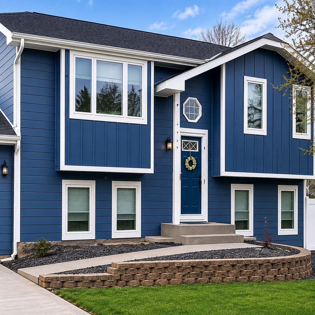 Blue two-story house with white trim, front steps, and a stone retaining wall.