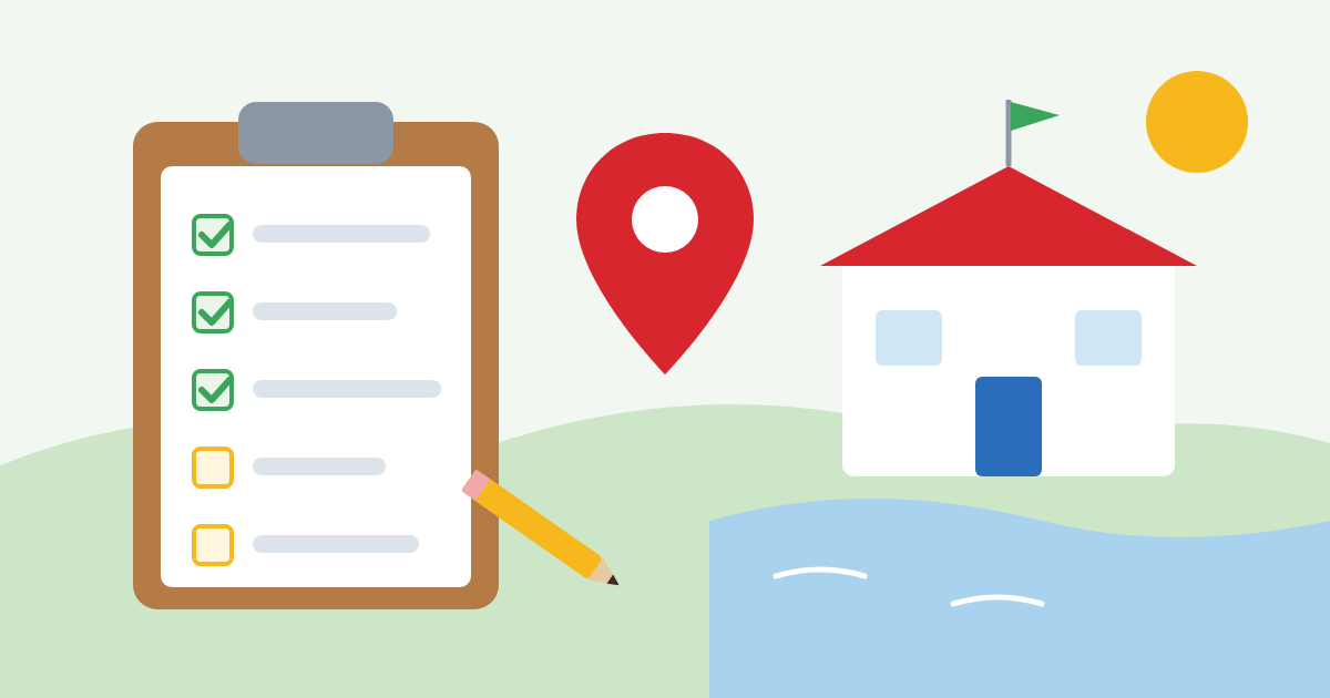 Illustration of a daycare checklist, map pin and school building by a lake in Aurora, CO
