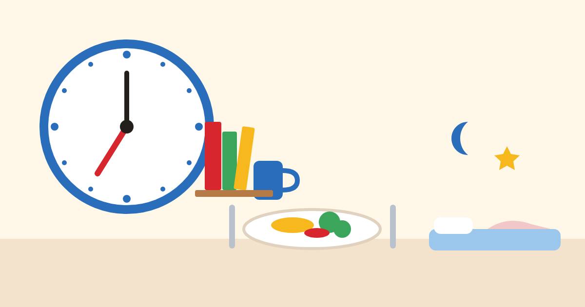 Illustration of a daycare daily routine in Aurora, CO with a clock, home-style meal, books and nap mat