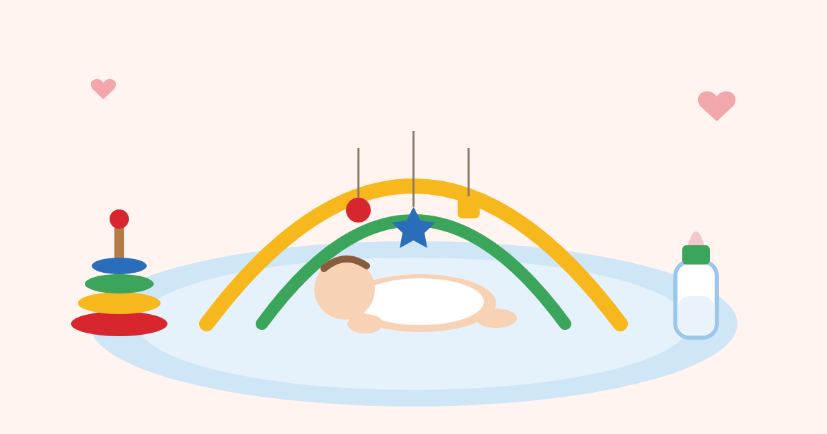 Illustration of a baby doing tummy time under a colorful play gym in an Aurora, CO infant daycare room