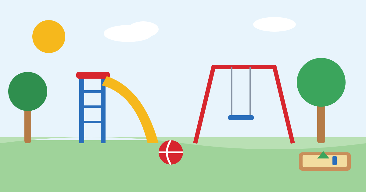 Illustration of a preschool playground with a slide, swing set and sandbox for outdoor play in Aurora, CO