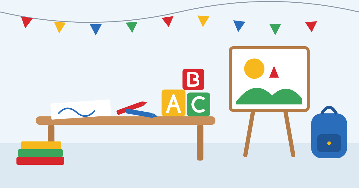 Illustration of a preschool classroom in Aurora, CO with ABC blocks, crayons and an easel