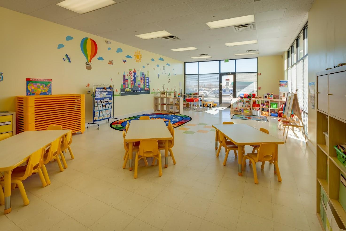 A classroom with tables and chairs and a hot air balloon on the wall.