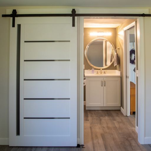White barn door with horizontal glass panes, open to a bathroom with a round mirror.