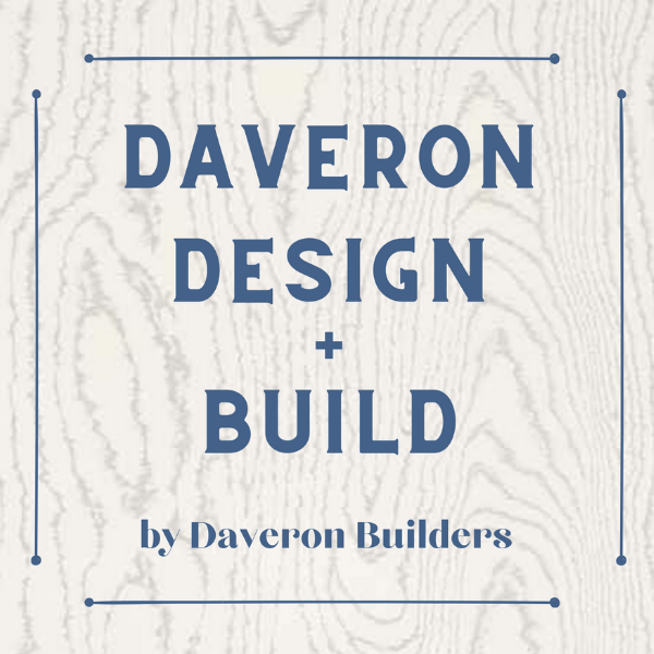 Logo for Daveron Design + Build, a company by Daveron Builders. Text in blue over a wood grain background.