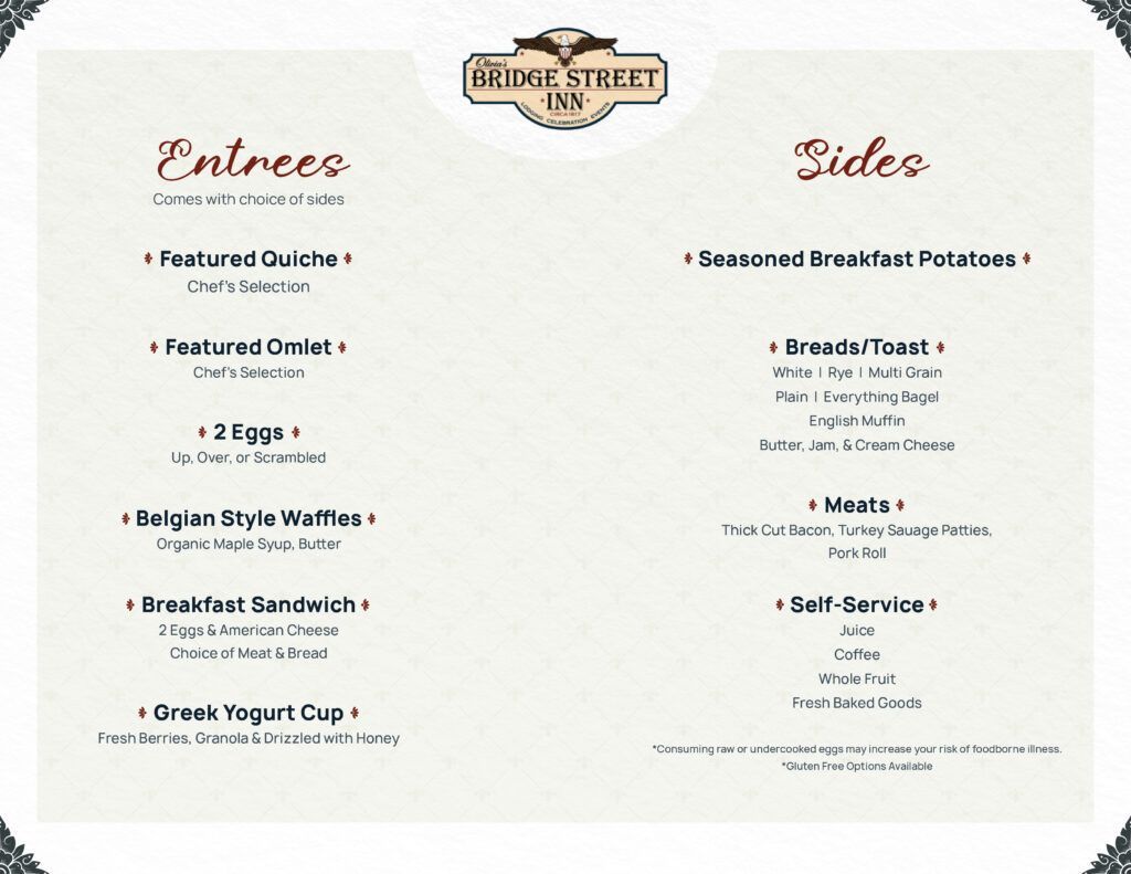 A menu for Bridge Street Inn listing breakfast Entrees, including eggs and waffles, and Sides, including meats and coffee.