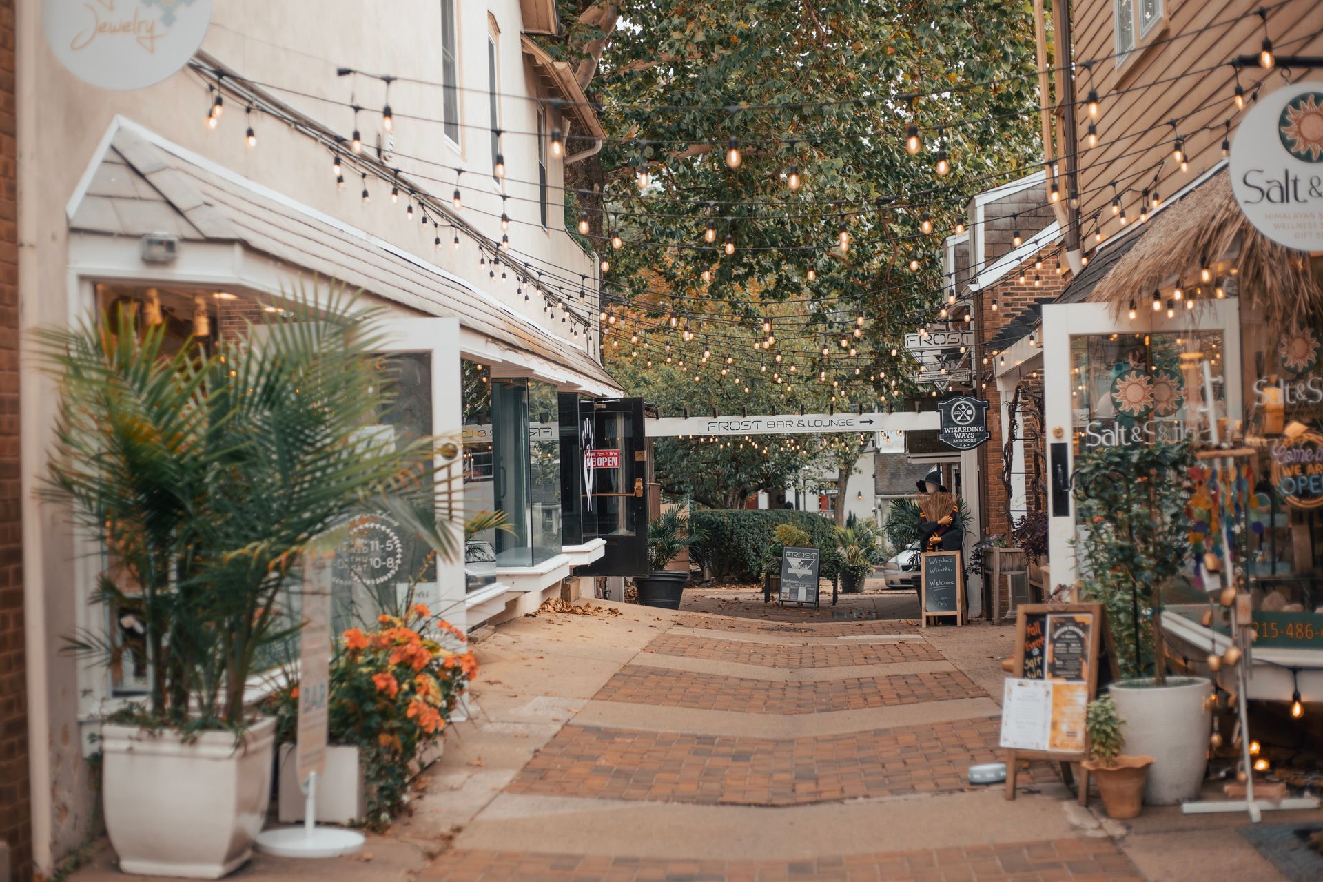 Quaint outdoor shopping alley with potted plants, café seating, and string lights on a brick walkway