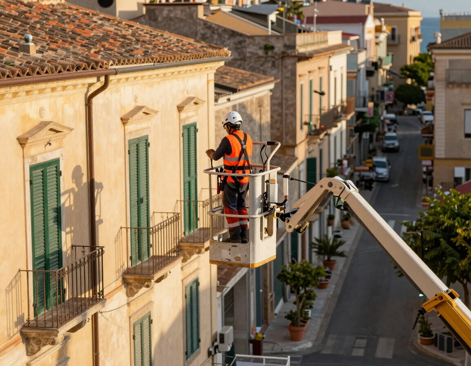 Piattaforma aerea in uso per lavori in quota cantiere edile Futura 3000 srl Mussomeli Caltanissetta