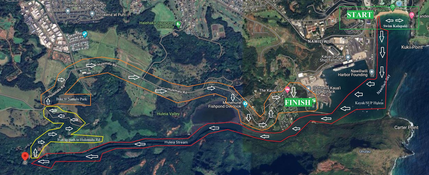 Satellite map with a red dashed route line crossing terrain, ending at a marked location on the right