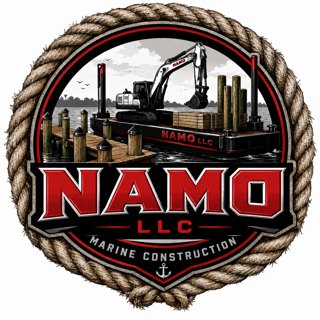 Namo LLC marine construction logo with a rope border and a crane on a barge