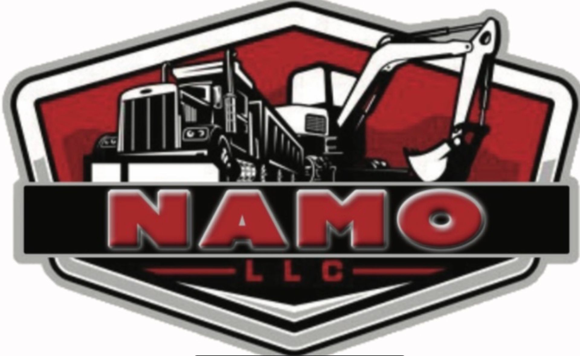 Logo for NAMO LLC, with a red shield shape featuring a truck, excavator, and the company name.