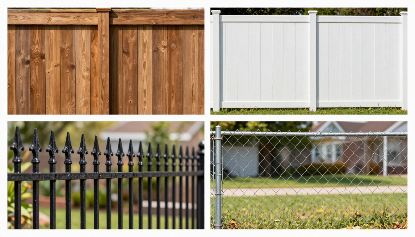 Fence styles: wooden privacy, white vinyl, black metal, and chain-link fences in a four-image collage