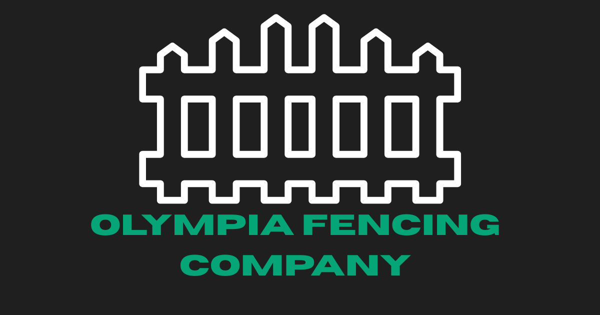 Olympia Fencing Company logo with a white fence icon and green text on a black background
