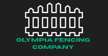 Olympia Fencing Company logo with a white fence icon and green text on a black background