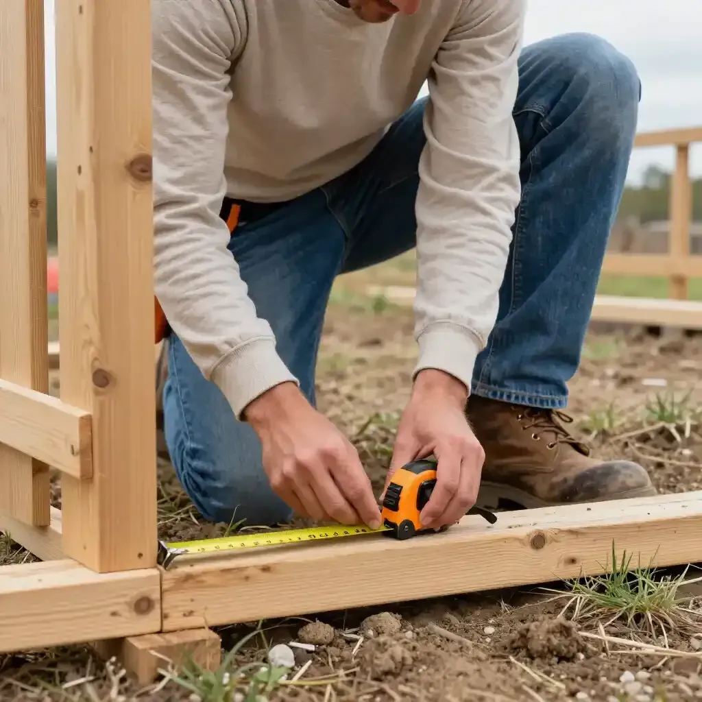 Person measuring and securing a wooden frame with a tape measure at an outdoor construction site.