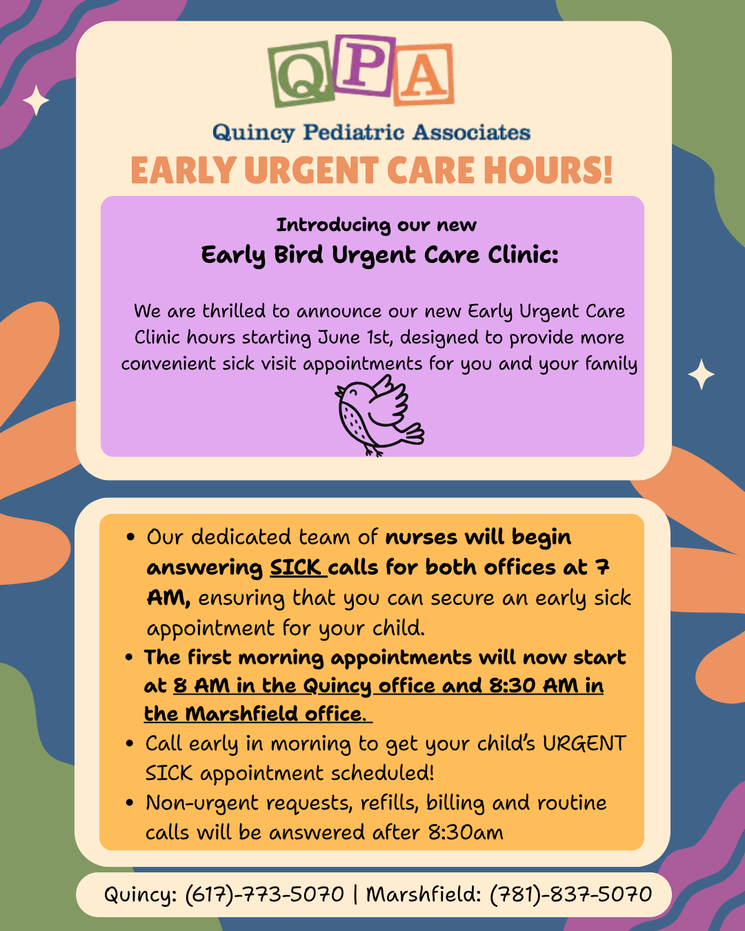 QPA clinic flyer announcing early urgent care hours with blue-orange design and nurse call times