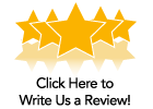 Five gold stars above “Click Here to Write Us a Review!” text