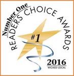 Number One Readers' Choice Awards 2016 badge with gold star and blue ribbon swirl, Wicked Local