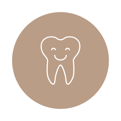 A line drawing of a smiling tooth in a brown circle.