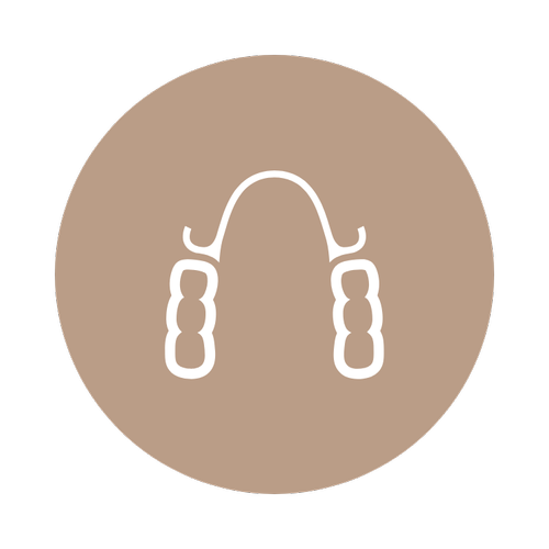 A line drawing of a denture in a brown circle.