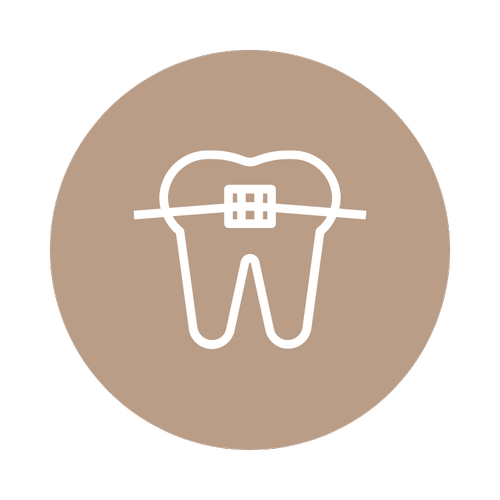 A tooth with braces on it is in a brown circle.