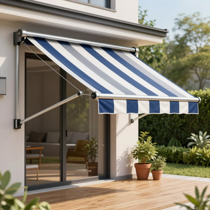 Blue-and-white striped awning over a patio beside a sliding glass door and potted plants