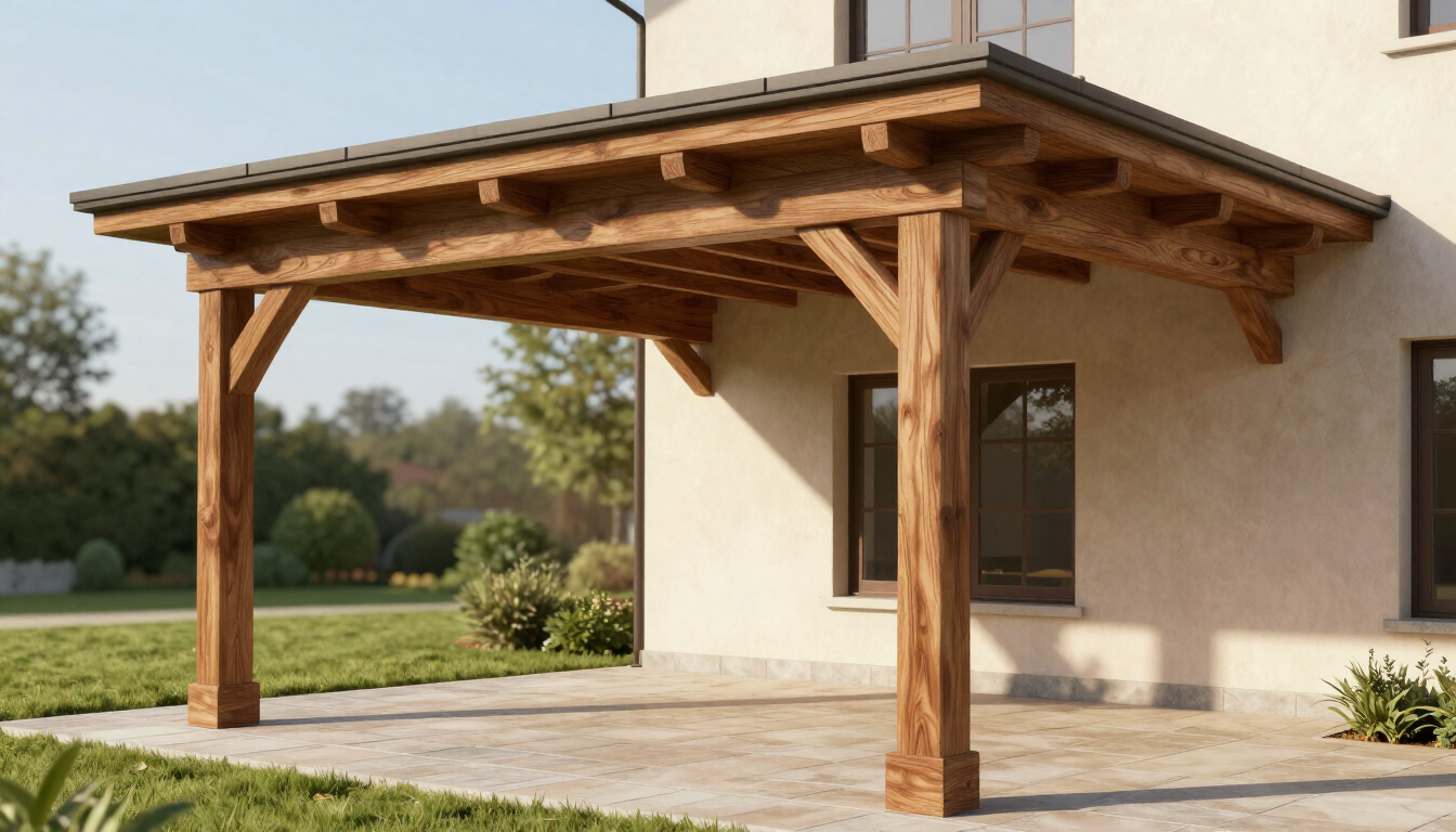 Wooden porch canopy attached to a stucco house, with sturdy posts and a tiled patio.