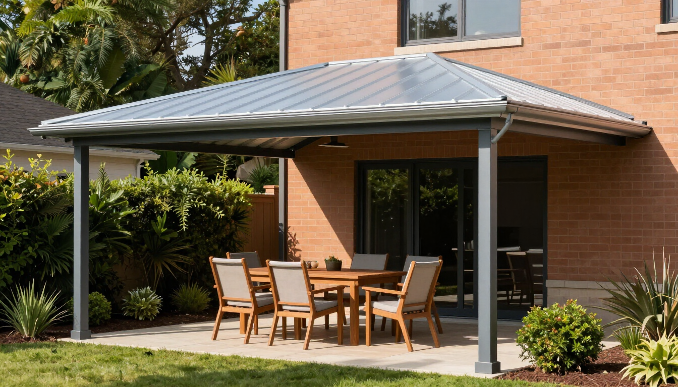 Patio dining set beneath a gray pergola beside a brick house, with a lawn and shrubs around it