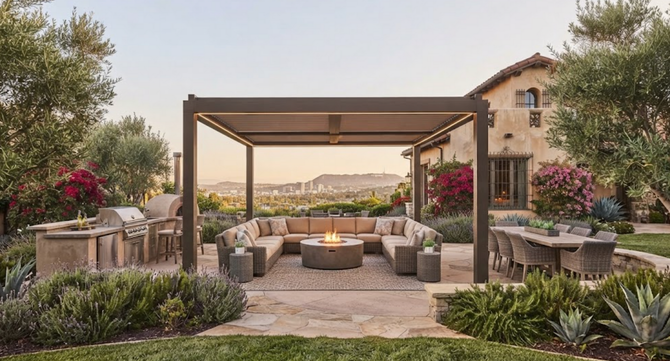 Modern patio with pergola seating, fire pit, and lush landscaping at sunset