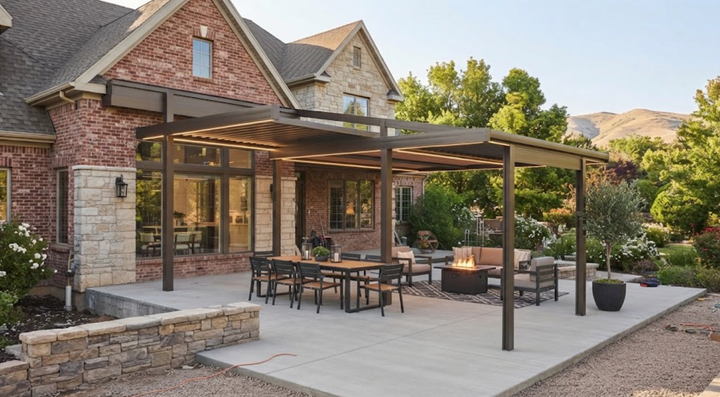 Stone house patio with pergola, outdoor dining table, and lounge seating in a landscaped backyard.